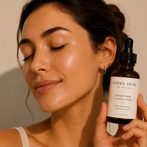May include: A woman with closed eyes holds a brown glass bottle of Poppy Dune Desert Dew hyaluronic serum. The bottle has a black dropper and a white label with the product name and details. The serum is advertised as providing deep hydration and radiant glow.