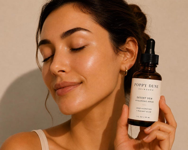 May include: A woman with closed eyes holds a brown glass bottle of Poppy Dune Desert Dew hyaluronic serum. The bottle has a black dropper and a white label with the product name and details. The serum is advertised as providing deep hydration and radiant glow.