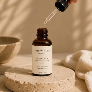 May include: A brown glass bottle of Poppy Dune Skincare Desert Dew hyaluronic serum with a dropper dispensing liquid. The bottle is on a stone pedestal, with a stone bowl and a cream-coloured cloth in the background. The label reads "Deep Hydration + Radiant Glow".
