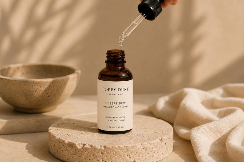 May include: A brown glass bottle of Poppy Dune Skincare Desert Dew hyaluronic serum with a dropper dispensing liquid. The bottle is on a stone pedestal, with a stone bowl and a cream-coloured cloth in the background. The label reads "Deep Hydration + Radiant Glow".