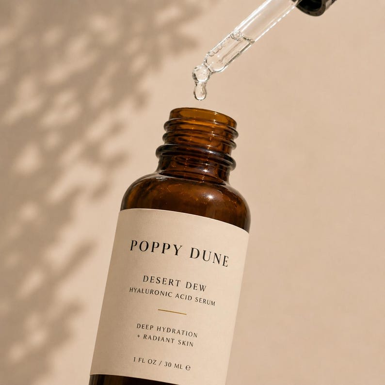 May include: A brown glass bottle of Poppy Dune Desert Dew Hyaluronic Acid Serum with a dropper. The label reads "Deep Hydration + Radiant Skin". The bottle contains 30 ml of serum.