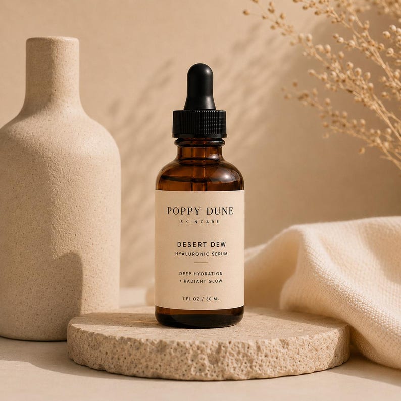 May include: A brown glass bottle of Poppy Dune Desert Dew Hyaluronic Serum with a black dropper. The label reads "Deep Hydration + Radiant Glow" and "1 FL OZ / 30 ML". The bottle sits on a stone platform with a beige vase in the background.