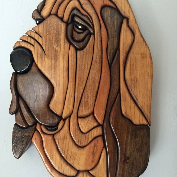 Bloodhound wood wallhanging, Intarsia, handmade