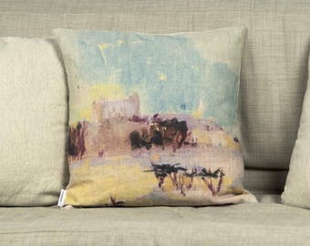 Old Pressburg Castle painting, vintage cushion with colorful printed details of paint, Bright color, 16” 40 cm - Limited Edition of 100