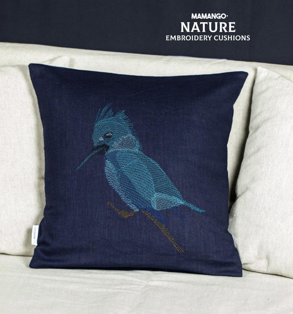 Kingfisher Bird Blue Embroidery Pillow Linen Cushion Cover Etsy