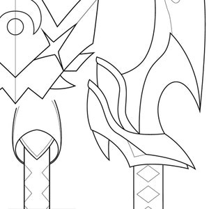 Könnte beinhalten: Schwarz-Weiß-Illustration von zwei Fantasy-Waffen. Eine Waffe zeigt ein Mond- und Stern-Design, die andere eine gebogene Klinge mit rautenförmigen Akzenten am Griff. Das Bild ist eine detaillierte Umrisszeichnung.