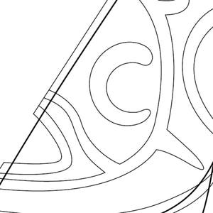 May include: A black and white line drawing of a geometric pattern with a circular design in the center.