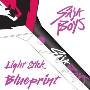 May include: A blueprint design featuring a black and pink light stick. The words "Saja Boys", "Light Stick", and "Blueprint" are written in a stylized pink font against a white background. The design includes geometric shapes and lines.