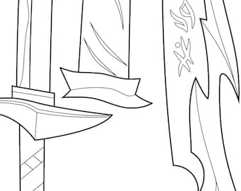 May include: Line art illustration of three fantasy swords. The swords have ornate designs, including curved blades, decorative hilts, and stylized markings. The image is in black and white.