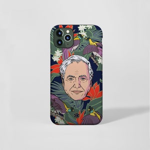Op de afbeelding: Een telefoonhoesje met een blauwe achtergrond en een kleurrijk bloemenpatroon. Het patroon bevat rode, roze, groene en gele bloemen, evenals vogels. In het midden van het ontwerp bevindt zich het gezicht van een man.