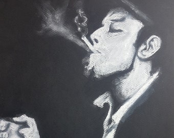 Original Tom Waits Drawing white pastel on black paper 30x38 cm