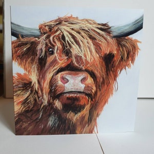 Highland cow blank greeting card from pastel drawing
