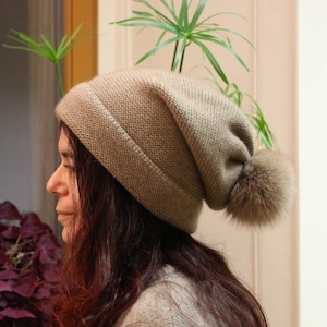 SLOUCHY CASHMERE BEANIE with Pom Pom, Fur Pom Pom Hat, Organic Beige Cashmere Hat, Luxury Warm Mongolian Natural Cashmere hat