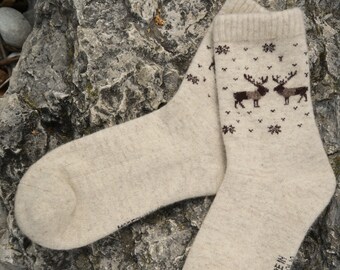 Calcetines de lana de oveja de Mongolia: beige invernal con reno