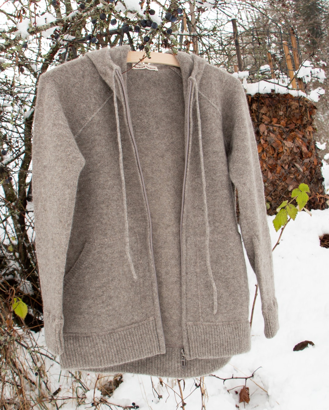 Womens' Hooded Yak Wool Jacket Jumper With Zip, Grey 100 Pure Organic