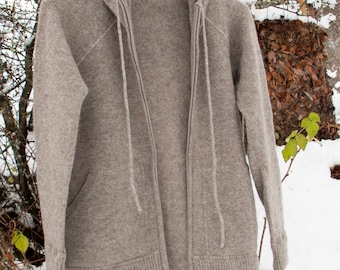 Womens&#39; Hooded Yak Wool Jacket Jumper with Zip, Grey  100% Pure Organic Undyed Mongolian Yak Down, Eco-Friendly, Warm and Ultra-Soft.