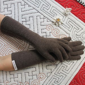 Può includere: Un paio di guanti lunghi in cachemire marroni con un'etichetta che recita "wool&silk".