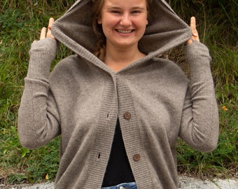 Hooded Yak Wool Sweater, Grey,  with Coconut Buttons and Incorporated  Hand Warmers all in one, Eco-Friendly Undyed Mongolian Fine Yak down