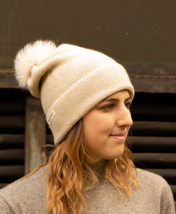 Natural Beige Cashmere Beanie Hat With 