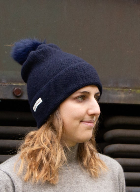 Mongolian Blue Cashmere Beanie Hat with Pom Pom, Warm and Ultra Soft Winter Hat. Double String Thick. Free Swiss Dispatch by Priority