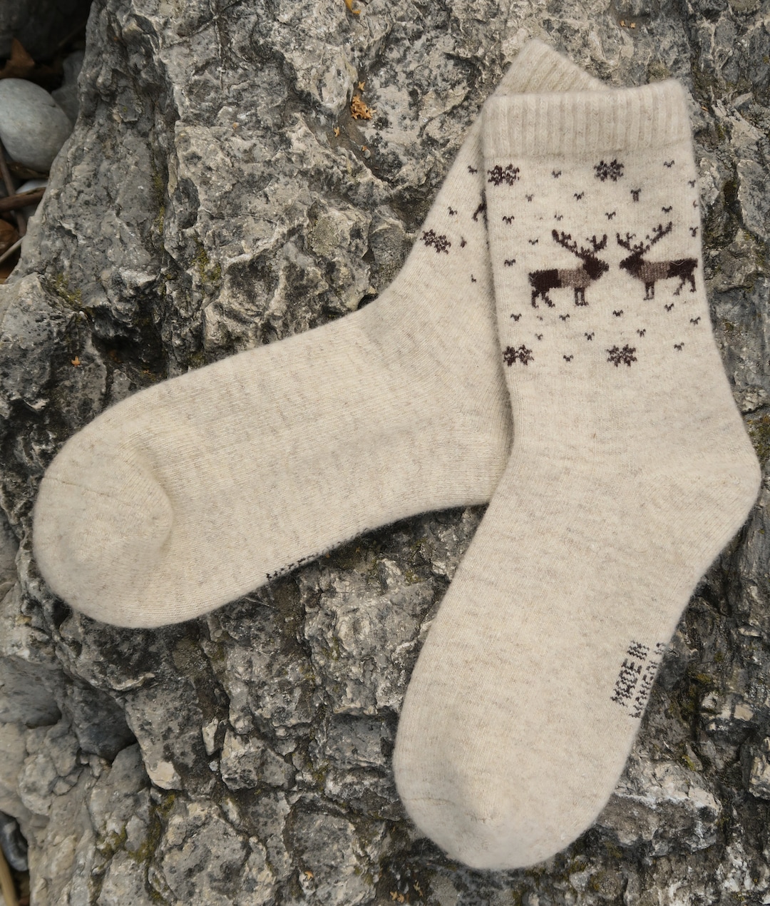 Meath Socks Mongolian Sheep Wool Socks: Winter Beige With Reindeer - Etsy