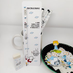 Set per lettura e disegno composto da matita, segnalibro e gomma abbinata, Set di cancelleria con soggetti unici e introvabili