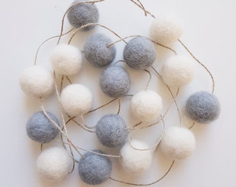 Wool Felt Ball Garland, Grey Pom Pom Garland, Pastel Nursery Decor, Baby room Garland, Grey Garland, White Garland,Boy room garland