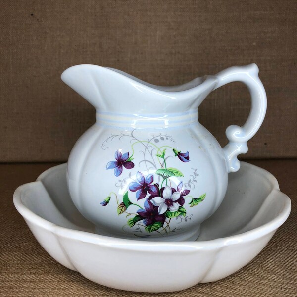 McCoy white pitcher and bowl with violets