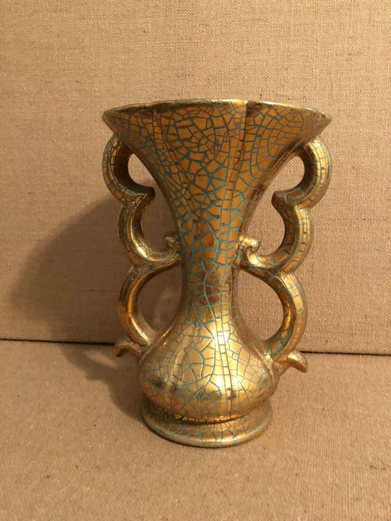 Vintage Gonder Gold Crackle Vase Etsy