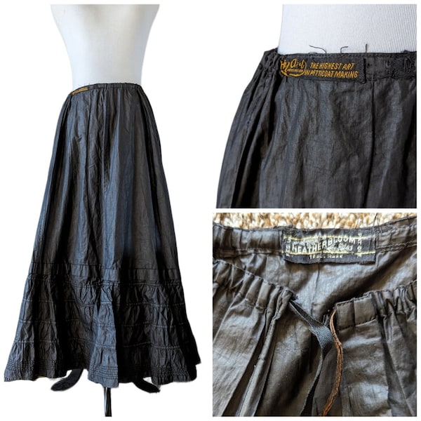 Antique 1900's Edwardian Black Waxed Cotton Petticoat /Vtg Heatherbloom Skirt / Size XS-S