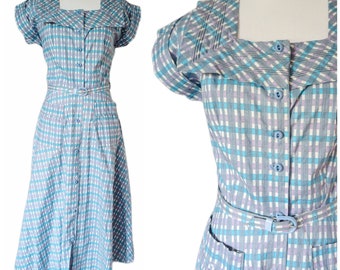 Vintage 1950's Blue & Purple Plaid Cotton House Dress/ Vtg 50's Fit and Flare Dress Large Pockets/ Size Small
