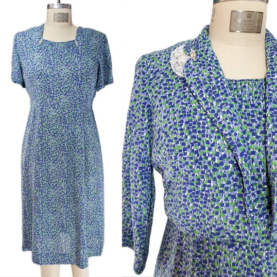 Vintage 1940's Blue and Green Print Silk Dress an… - image 1