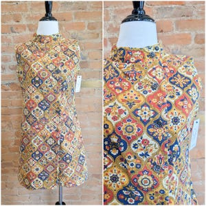 Vintage 60&#39;s/70&#39;s Folk Floral Romper/ Vtg 60s Groovy Print Cotton Playsuit/Size Small-Medium