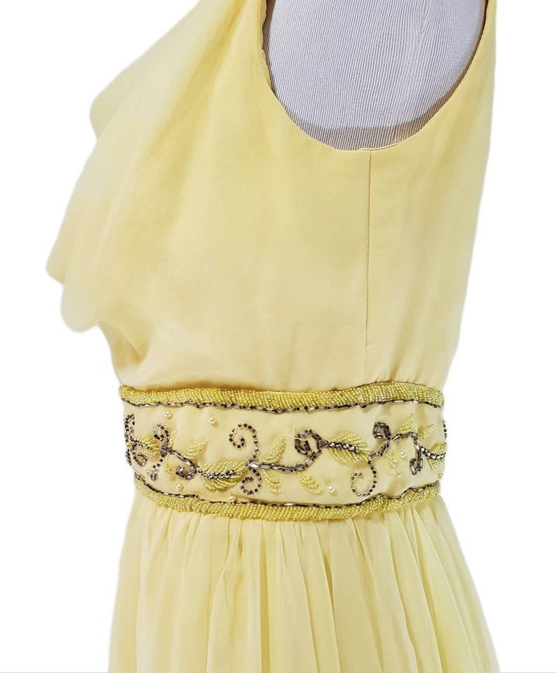 Vintage 1960's Soft Yellow Beaded Chiffon Dress/ Vtg 60's Miss Elliette Party Dress/ Size Small image 6