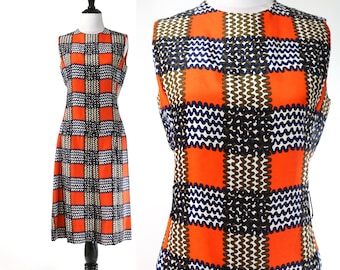 Vintage 1960's Orange Saks Fifth Avenue Dropped Waist Dress - 60's Pleated Abstract Plaid Dress - Size Small