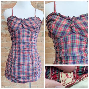 Vintage 1950&#39;s Jantzen Red Plaid Cotton Swim Suit/ Vtg 50&#39;s Shirred Cotton Playsuit/ Size XS