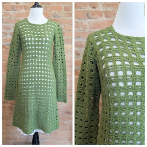 Vintage 1970&#39;s Olive Green Hand Crochet Dress - Vtg 70s Skater Boho Dress - Size Small