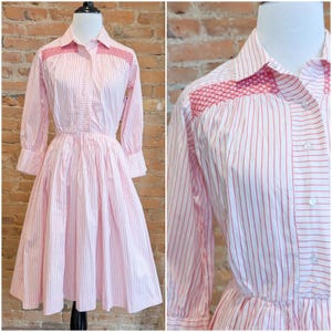 Vintage 50s/60s Pink Stripe Cotton Full Dress/ Vtg 60s Smocked Shirtdress- Size XS