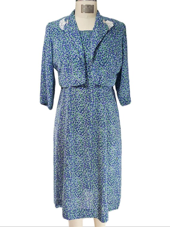 Vintage 1940's Blue and Green Print Silk Dress an… - image 4