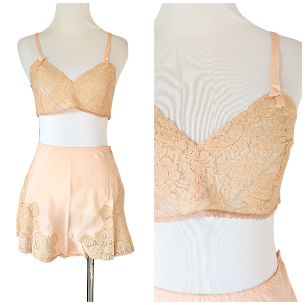 Vintage 1930s Peach Bra and Tap Pants Lingerie Set/ Vtg 30's Lace Undergarment/ Size Small/Medium