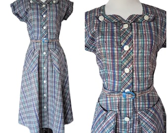 Vintage 1950's Blue Plaid Cotton House Dress/ Vtg 50's Fit and Flare Dress Large Pockets/ Size Small