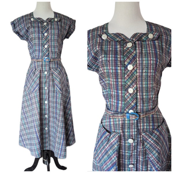 Vintage 1950's Blue Plaid Cotton House Dress/ Vtg 50's Fit and Flare Dress Large Pockets/ Size Small