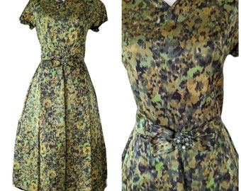 Vintage 50s/60s Green Silk Watercolor Fit and Flare Dress/ Vtg 50s R & K Original Party Dress- Size M