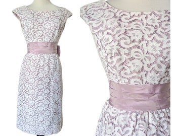 Vintage 1960's White Lace Party Dress/ Vtg 60s Purple Fitted Dress/ Size Small