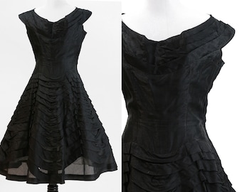 Vintage 1950s Black Ruffle Evening Dress / Size S-M