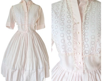 Vintage 1950s Pale Pink Cotton Full Dress- Vtg 50s L'Aiglon Shirt Dress- Size Small/Medium