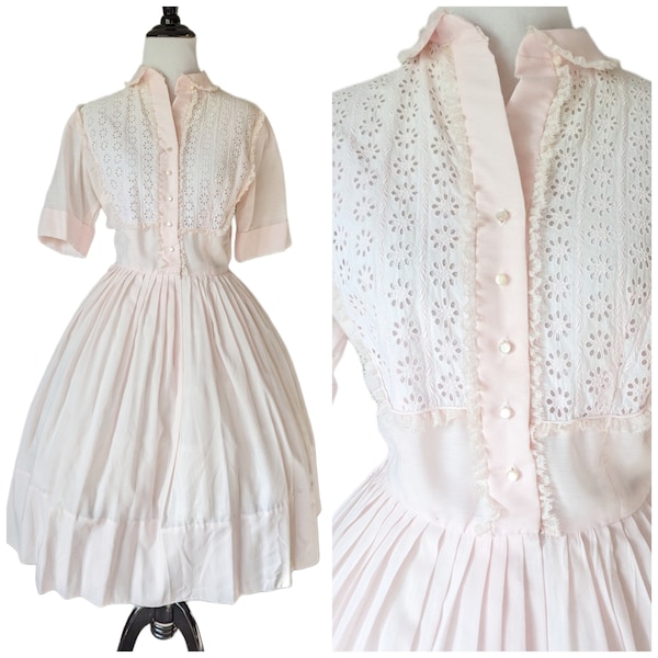 Vintage 1950s Pale Pink Cotton Full Dress- Vtg 50s L'Aiglon Shirt Dress- Size Small/Medium