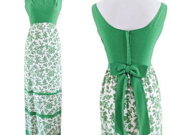 Vintage 1960's Green Floral A Line Dress/ Vtg 60's Sleeveless Long Dress/ Size XS