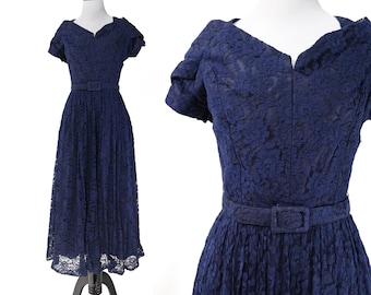 Vintage 1950's Blue Lace Evening Dress - Vtg 50's Blue Short Sleeve Party Dress - Size Small