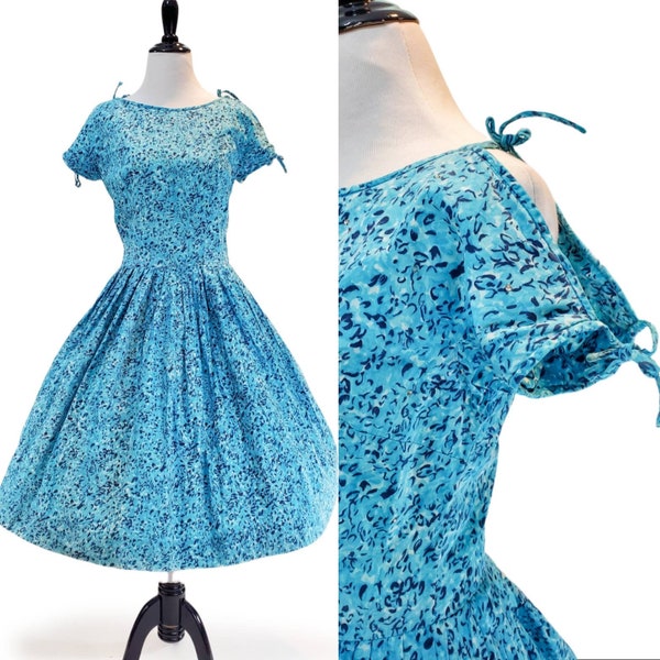 Vintage 50s/60s Open Shoulder Teena Paige Full Dress/ Vtg 50s Blue Cotton Day Dress- Size Small/Medium